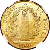 Italian States coin 96 Lire (1798 - 1805) reverse reverse of 96 Lire (1798 - 1805) coin with KM# 270 from Italian States. Inscription: NELL 'UNIONE LA FORZA 1801