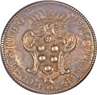 Italian States coin 1 Pezza Della Rosa - Cosimo III (1701 - 1706) obverse obverse of 1 Pezza Della Rosa - Cosimo III (1701 - 1706) coin with KM# 15.3 from Italian States. Inscription: COSMVS III D G M DVX ETRVRIAE