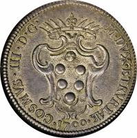Italian States coin 1 Pezza Della Rosa - Cosimo III (1684 - 1700) obverse obverse of 1 Pezza Della Rosa - Cosimo III (1684 - 1700) coin with KM# 15.2 from Italian States. Inscription: .COSMVS.III.D.G. M.DVX.ETRVRIAE. 1700