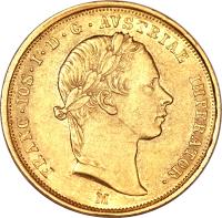 obverse of 1/2 Sovrano - Franz Joseph I (1854 - 1856) coin with C# 40 from Italian States. Inscription: FRANC IOS I D G AVSTRIAE IMPERATOR. M