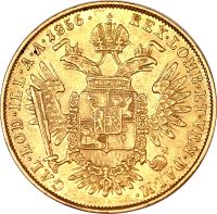 Italian States coin 1/2 Sovrano - Franz Joseph I (1854 - 1856) reverse reverse of 1/2 Sovrano - Franz Joseph I (1854 - 1856) coin with C# 40 from Italian States. Inscription: HVN. BOH. LOMB. ET VEN. GAL. LOD. IL. REX A. A. 1856 .