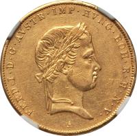 obverse of 1 Sovrano - Ferdinand I (1837 - 1848) coin with C# 21 from Italian States. Inscription: FERD.I.D.G.AVSTR.IMP.HVNG.BOH.R.H.N.V.