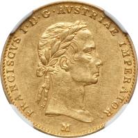 obverse of 1/2 Sovrano - Franz I (1835) coin with C# 10a from Italian States. Inscription: Lettering: FRANCISCVS I · D · G · AVSTRIAE IMPERATOR ·