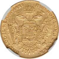 Italian States coin 1/2 Sovrano - Franz I (1835) reverse reverse of 1/2 Sovrano - Franz I (1835) coin with C# 10a from Italian States. Inscription: HVN · BOH · LOMB · ET VEN · GAL · LOD · IL · REX · A · A · 1831