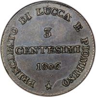 Italian States coin 3 Centesimi - Felice (1806) reverse reverse of 3 Centesimi - Felice (1806) coin with KM# 21 from Italian States. Inscription: PRINCIPATO DI LUCCA E PIOMBINO · 3 CENTESIMI 1806