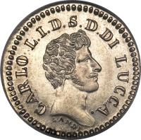 obverse of 10 Soldi - Carlo Ludovico I (1833 - 1838) coin with KM# 39 from Italian States. Inscription: CARLO L.I.D.S.D. DI LUCCA. LANDIE