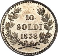 reverse of 10 Soldi - Carlo Ludovico I (1833 - 1838) coin with KM# 39 from Italian States. Inscription: 10 SOLDI 1838