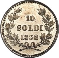 Italian States coin 10 Soldi - Carlo Ludovico I (1833 - 1838) reverse reverse of 10 Soldi - Carlo Ludovico I (1833 - 1838) coin with KM# 39 from Italian States. Inscription: 10 SOLDI 1838