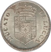 obverse of 5 Soldi - Carlo Ludovico I (1833 - 1838) coin with KM# 38 from Italian States. Inscription: DUCATO DI LUCCA