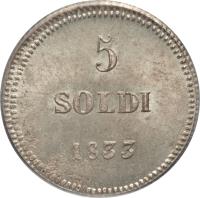 Italian States coin 5 Soldi - Carlo Ludovico I (1833 - 1838) reverse reverse of 5 Soldi - Carlo Ludovico I (1833 - 1838) coin with KM# 38 from Italian States. Inscription: 5 SOLDI 1833