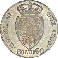 Italian States coin 30 Soldi - Franz II (1794 - 1800) reverse reverse of 30 Soldi - Franz II (1794 - 1800) coin with KM# 244 from Italian States. Inscription: MEDIOLANI DUX.1800. SOLDI.30