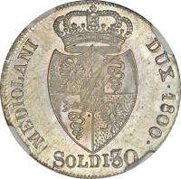 reverse of 30 Soldi - Franz II (1794 - 1800) coin with KM# 244 from Italian States. Inscription: MEDIOLANI DUX.1800. SOLDI.30