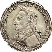 Italian States coin 1 Tallero - Ercole III d'Este (1795 - 1796) obverse obverse of 1 Tallero - Ercole III d'Este (1795 - 1796) coin with C# 20.2 from Italian States. Inscription: HERCVLES.III.D.G.MVT.REG.MIR.EC.DVX.