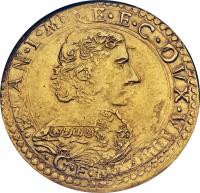 Italian States coin 4 Scudi d´Oro - Francesco I (1631 - 1634) obverse obverse of 4 Scudi d´Oro - Francesco I (1631 - 1634) coin with FR# 778.1 from Italian States. Inscription: .FRAN.I.MV.REG.EC.D.VIII
