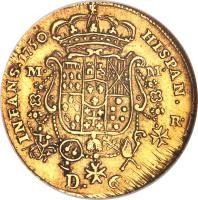 reverse of 6 Ducati - Carlos III (1749 - 1755) coin with KM# 153 from Italian States. Inscription: INFANS 1750 HISPAN R M M D. 6