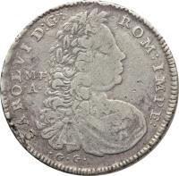 obverse of 60 Grana - Karl VI (1730) coin with KM# 142 from Italian States. Inscription: CAROLVI D:G: ROM:IMPE: M · F. · A · · G · G ·