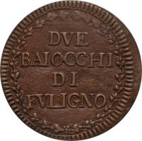 Italian States coin 2 Baiocchi - Pius VI (1794 - 1795) reverse reverse of 2 Baiocchi - Pius VI (1794 - 1795) coin with KM# 5 from Italian States. Inscription: DVE BAIOCCHI DI FVLIGNO