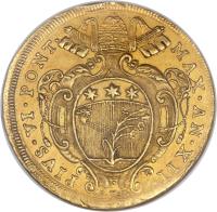 obverse of 10 Zecchini - Pius VI (1786 - 1787) coin with KM# 309 from Italian States. Inscription: PIVS · VI · PONT · - MAX · AN · XII ·