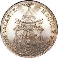 Italian States coin 1 Scudo - Leo XII - Sede Vacante (1823) obverse obverse of 1 Scudo - Leo XII - Sede Vacante (1823) coin with KM# 1293 from Italian States. Inscription: SEDE VACANTE MDCCCXXIII.