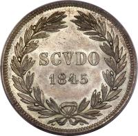 Italian States coin 1 Scudo - Gregory XVI (1835 - 1846) reverse reverse of 1 Scudo - Gregory XVI (1835 - 1846) coin with KM# 1324 from Italian States. Inscription: SCVDO 1845