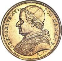 obverse of 10 Scudi - Gregory XVI (1835 - 1845) coin with KM# 1108 from Italian States. Inscription: GREGORIVS · XVI · PON · MAX · AN · V · R. N.C.