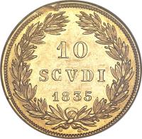 Italian States coin 10 Scudi - Gregory XVI (1835 - 1845) reverse reverse of 10 Scudi - Gregory XVI (1835 - 1845) coin with KM# 1108 from Italian States. Inscription: 10 SCVDI 1835
