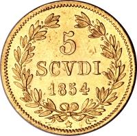 Italian States coin 5 Scudi - Pius IX (1846 - 1854) reverse reverse of 5 Scudi - Pius IX (1846 - 1854) coin with KM# 1116 from Italian States. Inscription: 5 SCVDI 1854