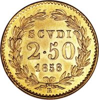 Italian States coin 2 1/2 Scudi - Pius IX (1848 - 1863) reverse reverse of 2 1/2 Scudi - Pius IX (1848 - 1863) coin with KM# 1117 from Italian States. Inscription: SCVSI 2.50 1858 R