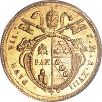 Italian States coin 1 Doppia - Pius VII (1815 - 1823) obverse obverse of 1 Doppia - Pius VII (1815 - 1823) coin with KM# 1076 from Italian States. Inscription: PIVS VII - PON · M · A · XVIII