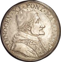 Italian States coin 1 Piastra - Innocent XI (1678) obverse obverse of 1 Piastra - Innocent XI (1678) coin with KM# 403 from Italian States. Inscription: INNOCEN · XL · PONT · MAX · A · III · HAMERANO *
