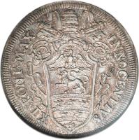 obverse of 1 Testone - Innocent XI (1684) coin with KM# 441 from Italian States.