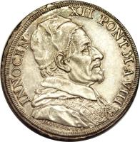 Italian States coin 1 Piastra - Innocent XII - Wheat Tax (1699) obverse obverse of 1 Piastra - Innocent XII - Wheat Tax (1699) coin with KM# 614 from Italian States. Inscription: INNOCENT XII PONT M A VIII