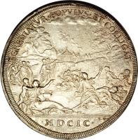 Italian States coin 1 Piastra - Innocent XII - Wheat Tax (1699) reverse reverse of 1 Piastra - Innocent XII - Wheat Tax (1699) coin with KM# 614 from Italian States. Inscription: MDCIC EGREDIATVR POPVLVS ET COLLIGAT