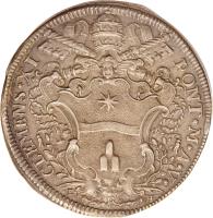 obverse of 1/2 Piastra - Clement XI - Urbino (1705) coin with KM# 681 from Italian States. Inscription: CLEMENS * XI - PONT * M * A * V *