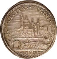 Italian States coin 1/2 Piastra - Clement XI - Urbino (1705) reverse reverse of 1/2 Piastra - Clement XI - Urbino (1705) coin with KM# 681 from Italian States. Inscription: * CIVITAS * VRBINI * MD CCV