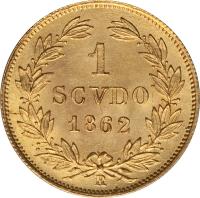 Italian States coin 1 Scudo - Pius IX (1858 - 1865) reverse reverse of 1 Scudo - Pius IX (1858 - 1865) coin with KM# 1361 from Italian States. Inscription: 1 SCVDO 1862