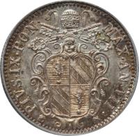 obverse of 10 Baiocchi - Pius IX (1847 - 1856) coin with KM# 1342a from Italian States.