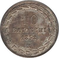 reverse of 10 Baiocchi - Pius IX (1847 - 1856) coin with KM# 1342a from Italian States. Inscription: 10 BAIOCCHI 1852 R
