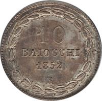Italian States coin 10 Baiocchi - Pius IX (1847 - 1856) reverse reverse of 10 Baiocchi - Pius IX (1847 - 1856) coin with KM# 1342a from Italian States. Inscription: 10 BAIOCCHI 1852 R