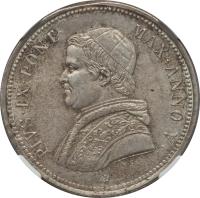 Italian States coin 50 Baiocchi - Pius IX (1850 - 1857) obverse obverse of 50 Baiocchi - Pius IX (1850 - 1857) coin with KM# 1357 from Italian States. Inscription: PIVS · IX · PONT · MAX · ANNO · V · N.C.