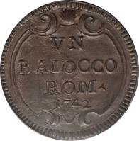 reverse of 1 Baiocco - Benedict XIV (1740 - 1743) coin with KM# 1154 from Italian States. Inscription: VN BAIOCCO ROM 1742