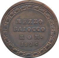 Italian States coin 1/2 Baiocco - Leo XII (1825 - 1826) reverse reverse of 1/2 Baiocco - Leo XII (1825 - 1826) coin with KM# 1296 from Italian States. Inscription: MEZZO BAIOCCO ROM. 1826