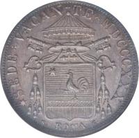 obverse of 30 Baiocchi - Sede Vacante (1830) coin with KM# 1101 from Italian States. Inscription: *SEDE VACAN TE MDCCCXXX N. ROMA C.