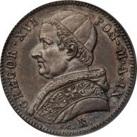 obverse of 20 Baiocchi - Gregory XVI (1835 - 1840) coin with KM# 1322 from Italian States. Inscription: GREGOR.XVI PON.M.A.IX N.C.R.
