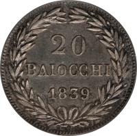 reverse of 20 Baiocchi - Gregory XVI (1835 - 1840) coin with KM# 1322 from Italian States. Inscription: 20 BAIOCCHI 1839