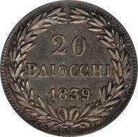 Italian States coin 20 Baiocchi - Gregory XVI (1835 - 1840) reverse reverse of 20 Baiocchi - Gregory XVI (1835 - 1840) coin with KM# 1322 from Italian States. Inscription: 20 BAIOCCHI 1839