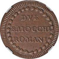 reverse of 2 Baiocchi - Pius VI (1785 - 1797) coin with KM# 1226.1 from Italian States. Inscription: DVE BAIOCCHI ROMANI