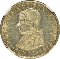 obverse of 20 Baiocchi - Gregory XVI (1834) coin with KM# 1317 from Italian States. Inscription: GREGORIVS.XVI.PON.MAX.A.IV *ROMA.1834*