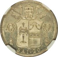 Italian States coin 20 Baiocchi - Gregory XVI (1834) reverse reverse of 20 Baiocchi - Gregory XVI (1834) coin with KM# 1317 from Italian States. Inscription: BAI.20