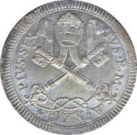 obverse of 25 Baiocchi - Pius VI (1795 - 1796) coin with KM# 1238 from Italian States. Inscription: PIVS.SEX TUS.P.M.A IXX